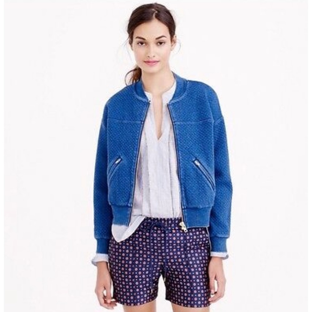 J.Crew | Indigo Blue Cotton Denim Knit Bomber Jacket